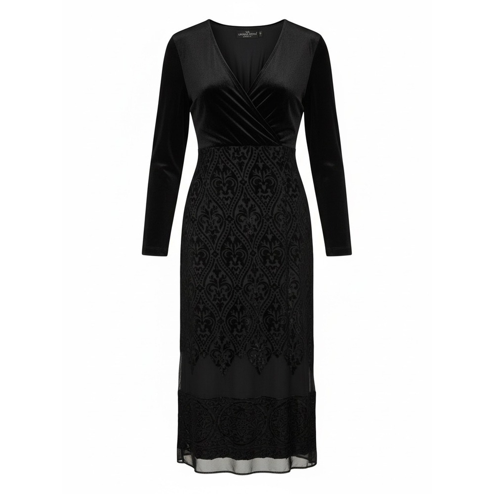 Carole Little Vintage Black Velvet Burnout Damask Maxi Dress Long Sleeve 12